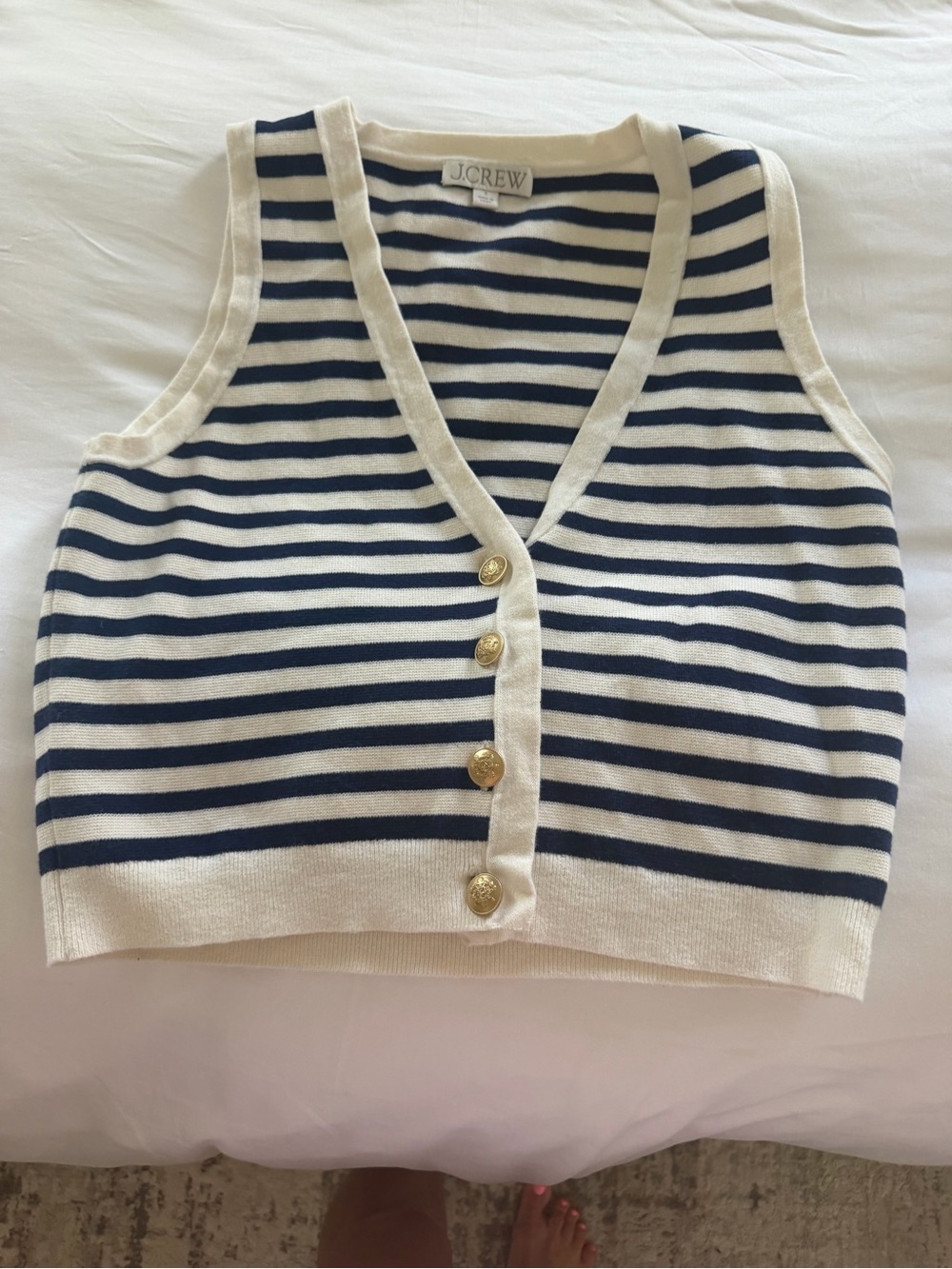 J. Crew Navy and Cream Striped V-Neck Button Sweater Vest